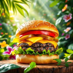 A vibrant, mouthwatering burger featuring a succulent grilled beef patty, topped with gooey melted cheese, crisp lettuce, fresh tomato slices, and crunchy pickles, all housed in a perfectly toasted sesame seed bun