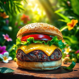 A vibrant, mouthwatering burger featuring a succulent grilled beef patty, topped with gooey melted cheese, crisp lettuce, fresh tomato slices, and crunchy pickles, all housed in a perfectly toasted sesame seed bun