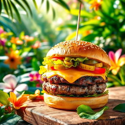 A vibrant, mouthwatering burger featuring a succulent grilled beef patty, topped with gooey melted cheese, crisp lettuce, fresh tomato slices, and crunchy pickles, all housed in a perfectly toasted sesame seed bun