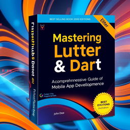 A visually striking book cover design for a Flutter and Dart programming book, featuring the book title 'Mastering Flutter & Dart: A Comprehensive Guide to Mobile App Development', author name 'John Doe', and edition '2nd Edition'