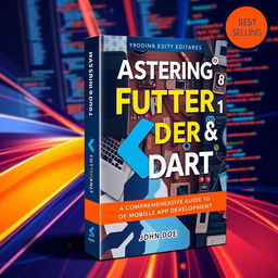 A visually striking book cover design for a Flutter and Dart programming book, featuring the book title 'Mastering Flutter & Dart: A Comprehensive Guide to Mobile App Development', author name 'John Doe', and edition '2nd Edition'