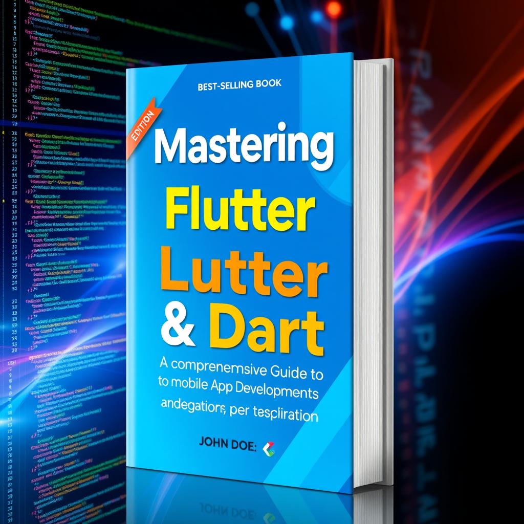 A visually striking book cover design for a Flutter and Dart programming book, featuring the book title 'Mastering Flutter & Dart: A Comprehensive Guide to Mobile App Development', author name 'John Doe', and edition '2nd Edition'