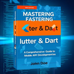 A visually striking book cover design for a Flutter and Dart programming book, featuring the book title 'Mastering Flutter & Dart: A Comprehensive Guide to Mobile App Development', author name 'John Doe', and edition '2nd Edition'