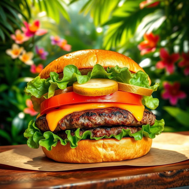 A vibrant image of a delicious burger featuring a juicy grilled beef patty, topped with fresh ingredients like crispy lettuce, sliced tomato, melted cheese, and tangy pickles, all nestled in a toasted brioche bun