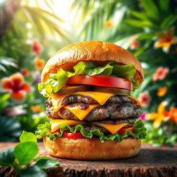 A vibrant image of a delicious burger featuring a juicy grilled beef patty, topped with fresh ingredients like crispy lettuce, sliced tomato, melted cheese, and tangy pickles, all nestled in a toasted brioche bun