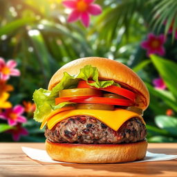 A vibrant image of a delicious burger featuring a juicy grilled beef patty, topped with fresh ingredients like crispy lettuce, sliced tomato, melted cheese, and tangy pickles, all nestled in a toasted brioche bun