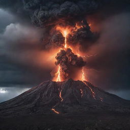 A dramatic volcano erupting violently, under a dark stormy sky illuminated by fierce bolts of lightning.