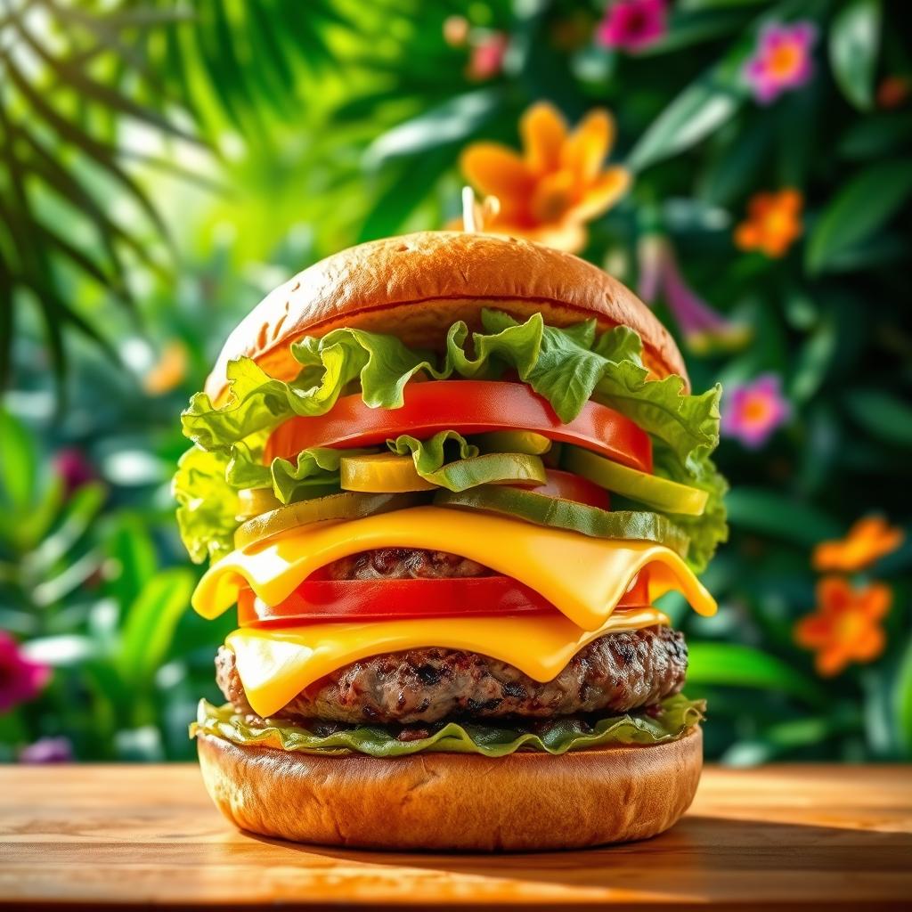 A vibrant image of a delicious burger featuring a juicy grilled beef patty, topped with fresh ingredients like crispy lettuce, sliced tomato, melted cheese, and tangy pickles, all nestled in a toasted brioche bun