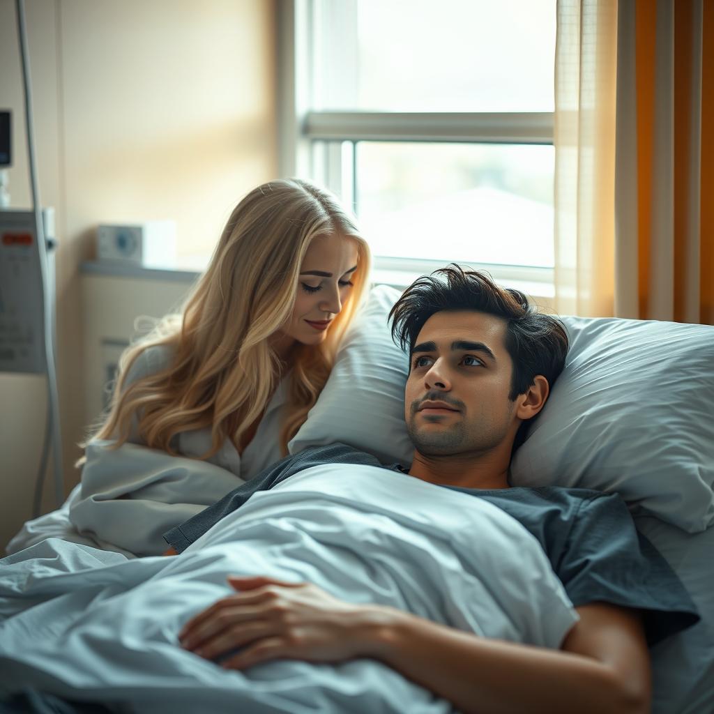 A beautiful scene featuring a gorgeous man with dark hair and striking blue eyes lying comfortably in a hospital bed