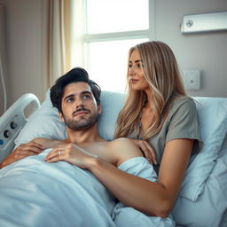 A beautiful scene featuring a gorgeous man with dark hair and striking blue eyes lying comfortably in a hospital bed