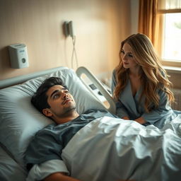 A beautiful scene featuring a gorgeous man with dark hair and striking blue eyes lying comfortably in a hospital bed