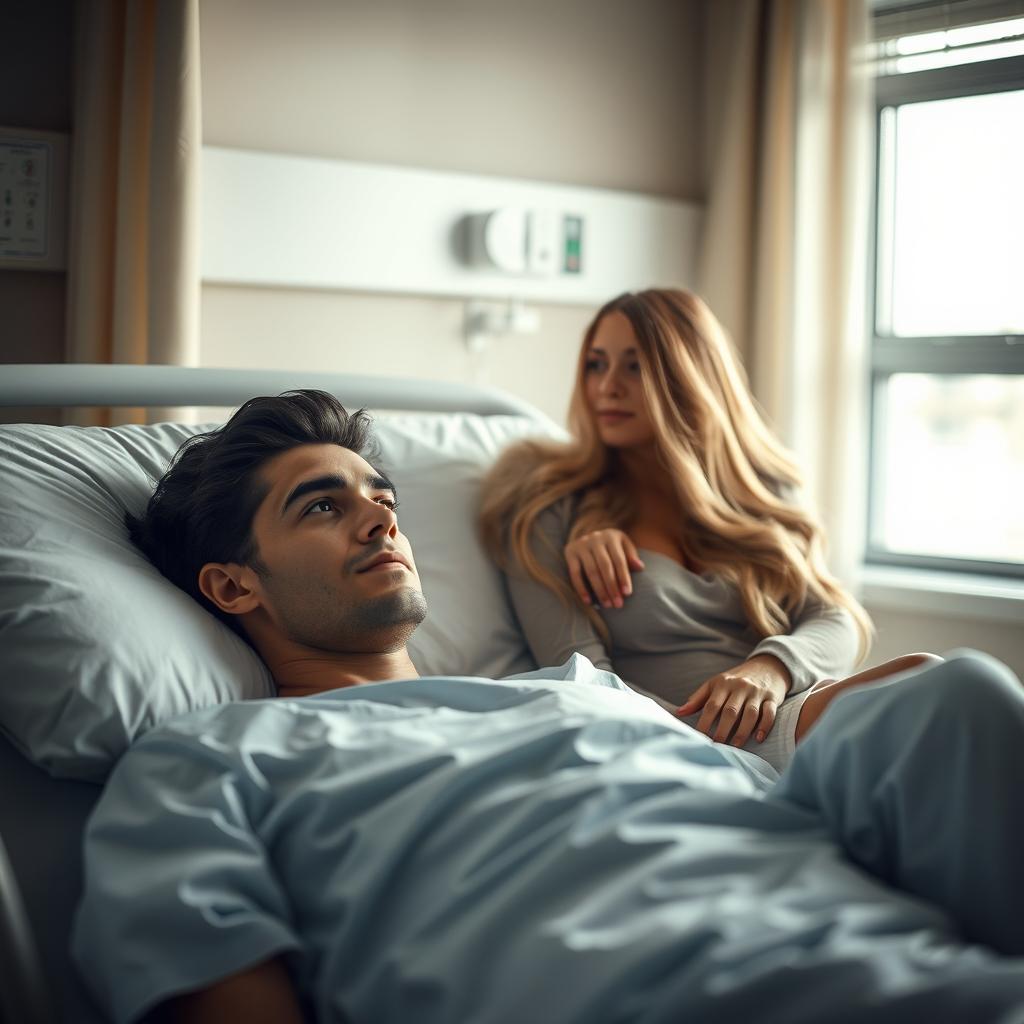 A beautiful scene featuring a gorgeous man with dark hair and striking blue eyes lying comfortably in a hospital bed