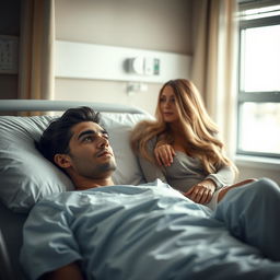 A beautiful scene featuring a gorgeous man with dark hair and striking blue eyes lying comfortably in a hospital bed