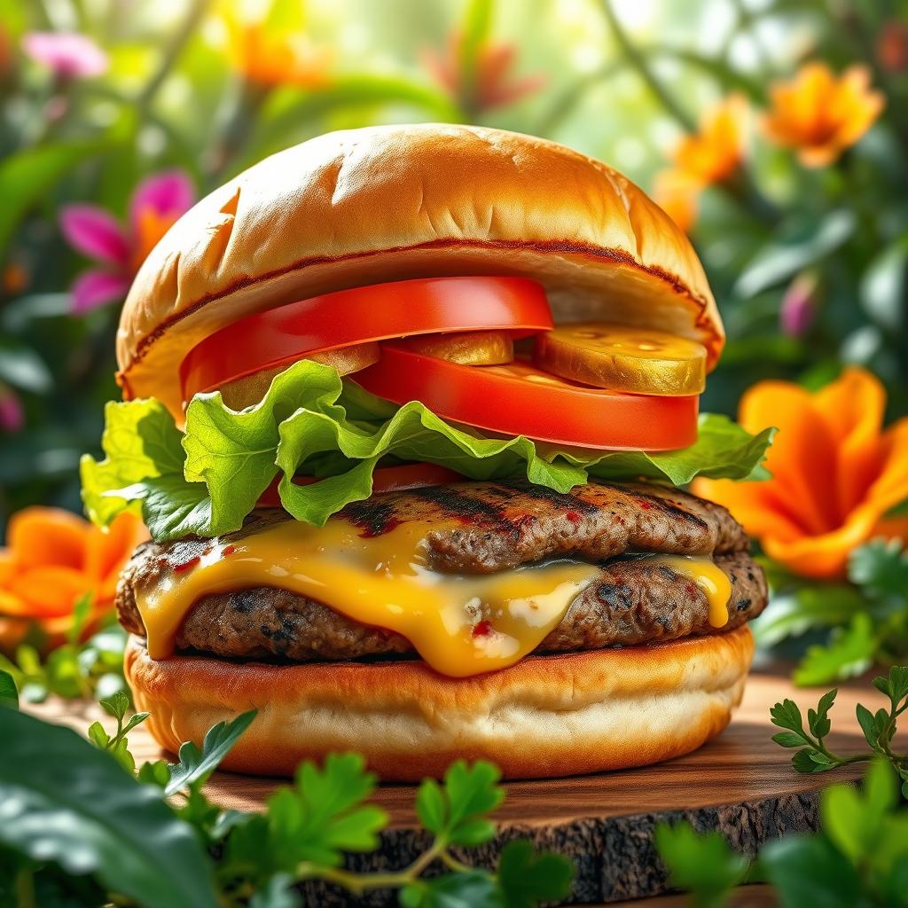 A vibrant and delicious burger showcasing a juicy grilled beef patty, topped with melted cheese, fresh lettuce, ripe tomato slices, and crunchy pickles, all contained within a lightly toasted ciabatta bun