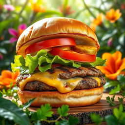 A vibrant and delicious burger showcasing a juicy grilled beef patty, topped with melted cheese, fresh lettuce, ripe tomato slices, and crunchy pickles, all contained within a lightly toasted ciabatta bun