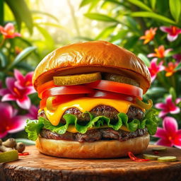 A vibrant and delicious burger showcasing a juicy grilled beef patty, topped with melted cheese, fresh lettuce, ripe tomato slices, and crunchy pickles, all contained within a lightly toasted ciabatta bun