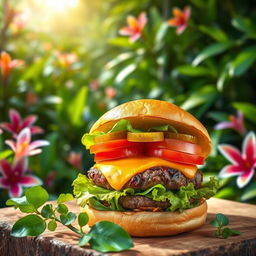 A vibrant and delicious burger showcasing a juicy grilled beef patty, topped with melted cheese, fresh lettuce, ripe tomato slices, and crunchy pickles, all contained within a lightly toasted ciabatta bun