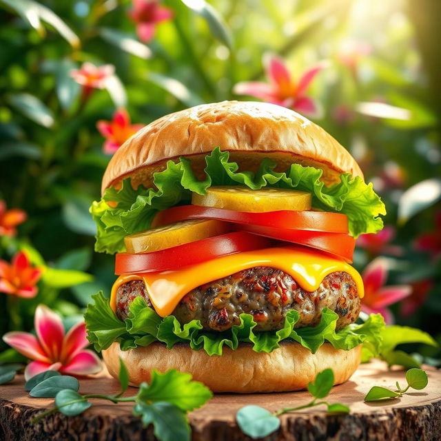 A vibrant and delicious burger showcasing a juicy grilled beef patty, topped with melted cheese, fresh lettuce, ripe tomato slices, and crunchy pickles, all contained within a lightly toasted ciabatta bun