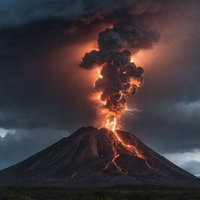 A dramatic volcano erupting violently, under a dark stormy sky illuminated by fierce bolts of lightning.