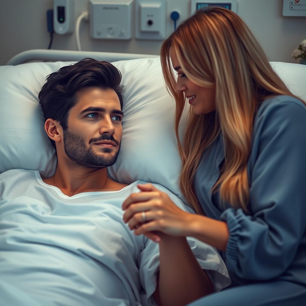 A gorgeous man with dark hair and striking blue eyes lies in a hospital bed, looking thoughtful yet relaxed