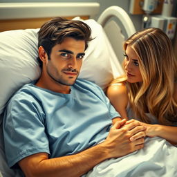 A gorgeous man with dark hair and striking blue eyes lies in a hospital bed, looking thoughtful yet relaxed