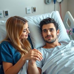 A gorgeous man with dark hair and striking blue eyes lies in a hospital bed, looking thoughtful yet relaxed