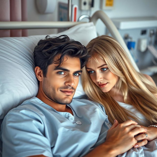 A gorgeous man with dark hair and striking blue eyes lies in a hospital bed, looking thoughtful yet relaxed