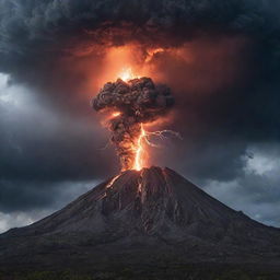 A dramatic volcano erupting violently, under a dark stormy sky illuminated by fierce bolts of lightning.