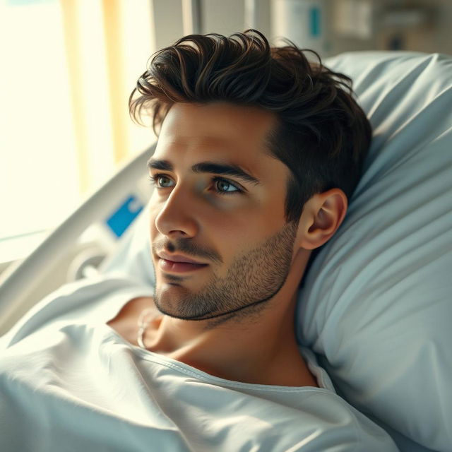 A gorgeous man with dark hair and captivating blue eyes is lying in a hospital bed, looking calm and relaxed