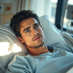 A gorgeous man with dark hair and captivating blue eyes is lying in a hospital bed, looking calm and relaxed