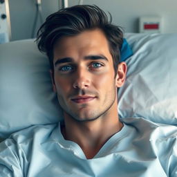 A gorgeous man with dark hair and captivating blue eyes is lying in a hospital bed, looking calm and relaxed