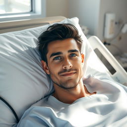 A gorgeous man with dark hair and captivating blue eyes is lying in a hospital bed, looking calm and relaxed