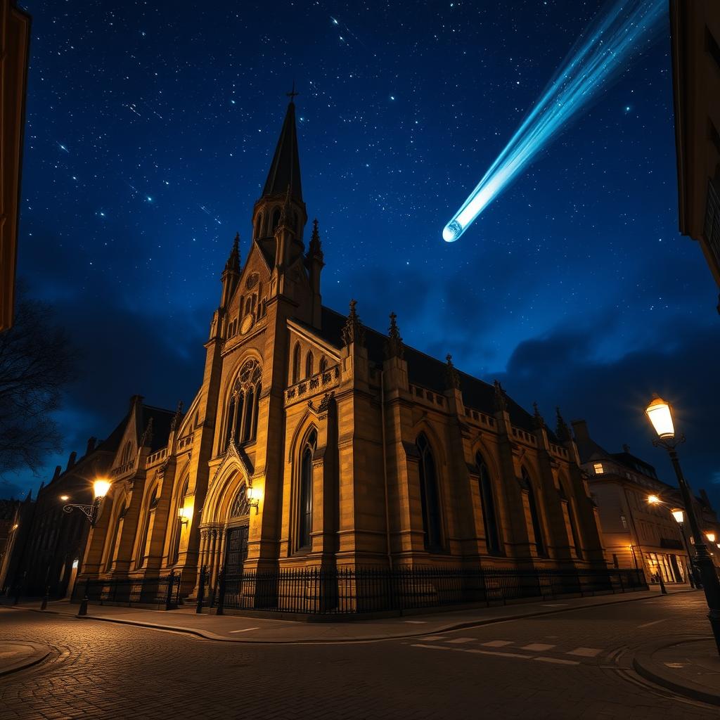 A beautiful exterior view of an ornate church at night, situated on the atmospheric streets of London