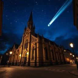 A beautiful exterior view of an ornate church at night, situated on the atmospheric streets of London