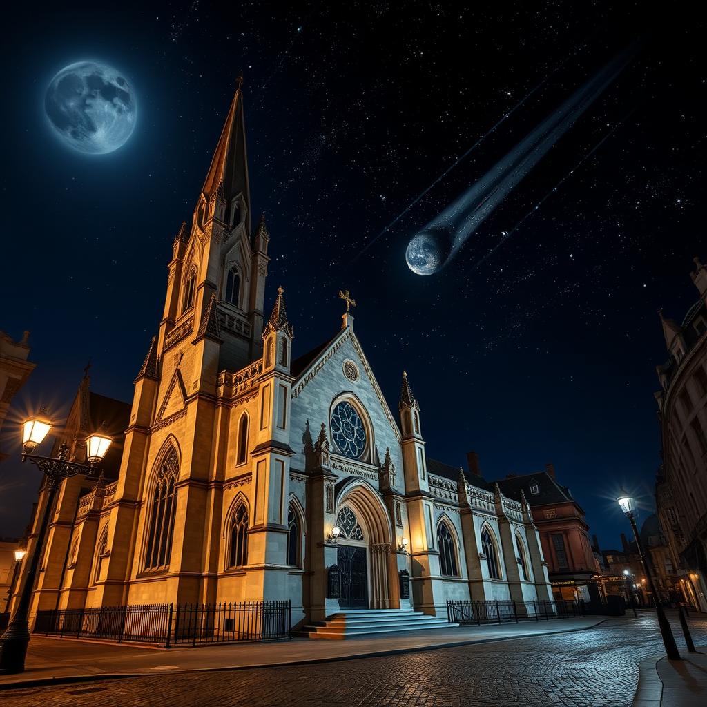 A beautiful exterior view of an ornate church at night, situated on the atmospheric streets of London