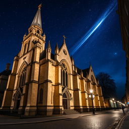 A beautiful exterior view of an ornate church at night, situated on the atmospheric streets of London