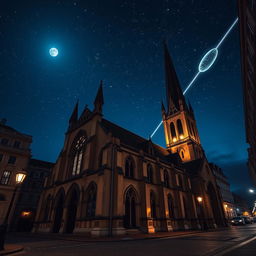 A beautiful exterior view of an ornate church at night, situated on the atmospheric streets of London