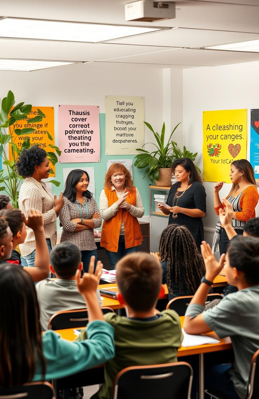 A vibrant, inspiring classroom scene showcasing a diverse group of teachers engaging with students of all backgrounds