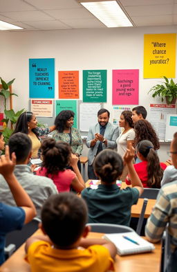 A vibrant, inspiring classroom scene showcasing a diverse group of teachers engaging with students of all backgrounds