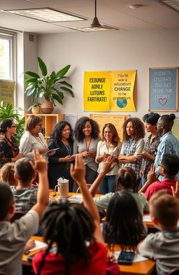 A vibrant, inspiring classroom scene showcasing a diverse group of teachers engaging with students of all backgrounds