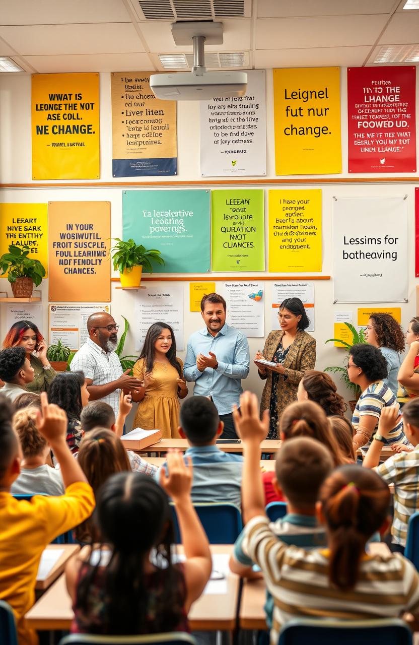 A vibrant, inspiring classroom scene showcasing a diverse group of teachers engaging with students of all backgrounds