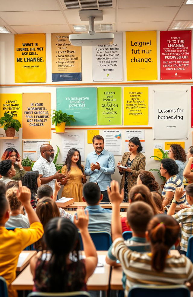 A vibrant, inspiring classroom scene showcasing a diverse group of teachers engaging with students of all backgrounds