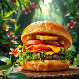 A vibrant image of a delicious burger featuring a juicy grilled beef patty, topped with fresh crispy lettuce, ripe tomato slices, tangy pickles, and melted cheese, all encased in a soft, toasted brioche bun