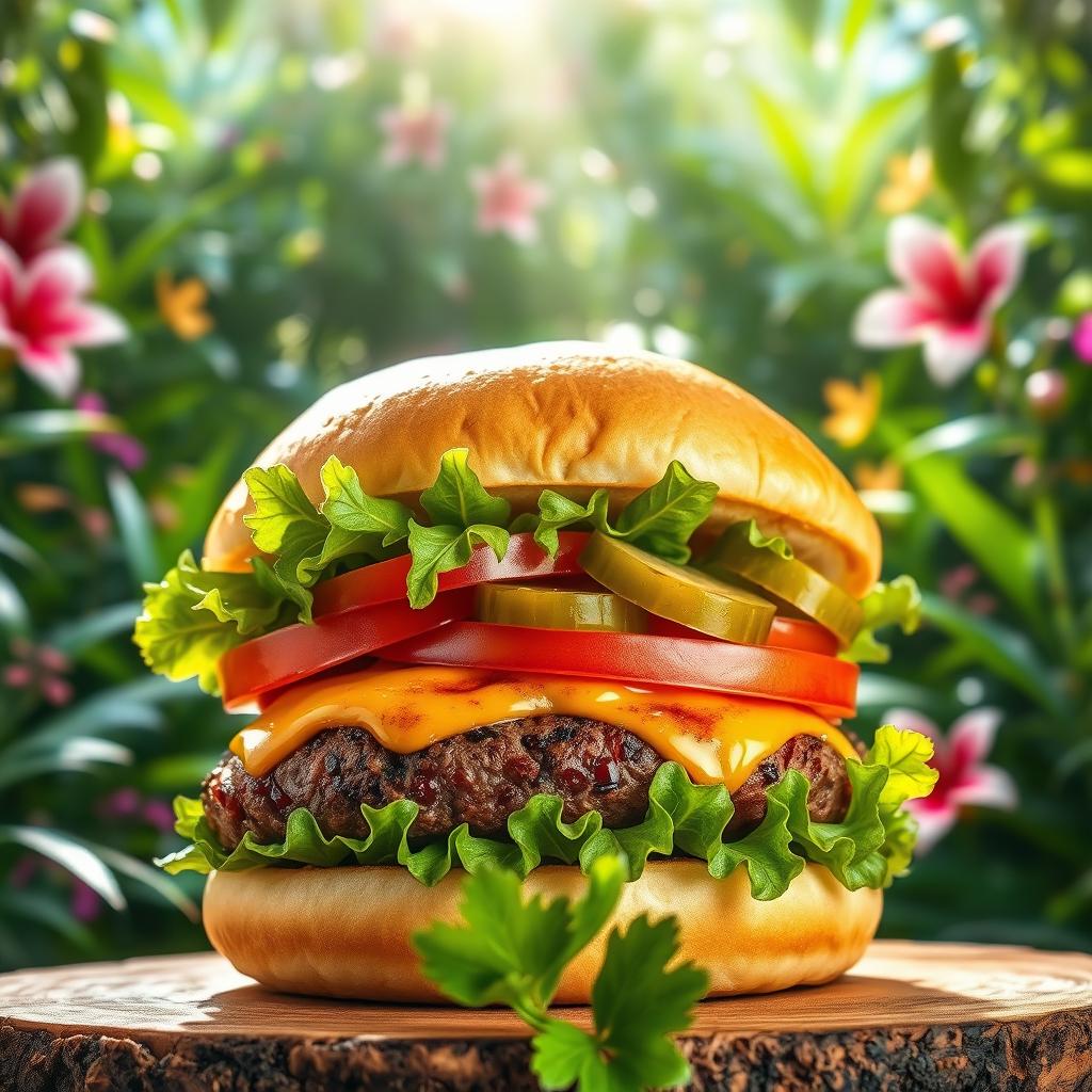 A vibrant image of a delicious burger featuring a juicy grilled beef patty, topped with fresh crispy lettuce, ripe tomato slices, tangy pickles, and melted cheese, all encased in a soft, toasted brioche bun