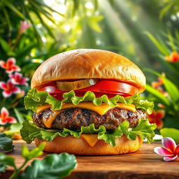 A vibrant image of a delicious burger featuring a juicy grilled beef patty, topped with fresh crispy lettuce, ripe tomato slices, tangy pickles, and melted cheese, all encased in a soft, toasted brioche bun