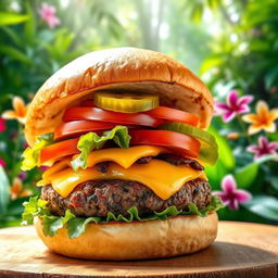 A vibrant image of a delicious burger featuring a juicy grilled beef patty, topped with fresh crispy lettuce, ripe tomato slices, tangy pickles, and melted cheese, all encased in a soft, toasted brioche bun