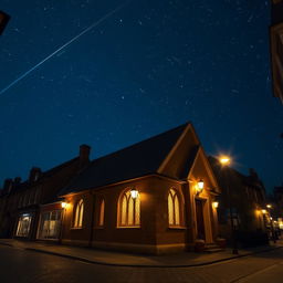 A charming exterior view of a small church at night, located on the quaint streets of London