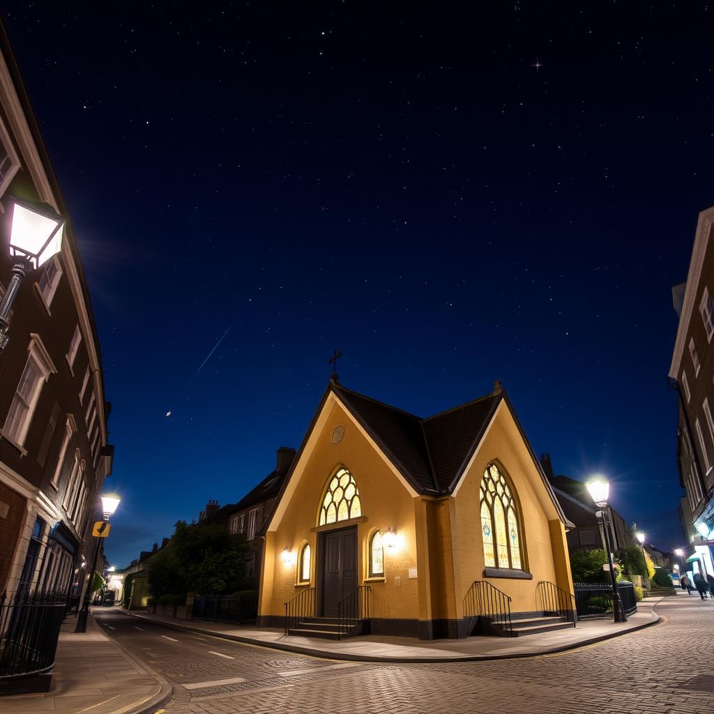 A charming exterior view of a small church at night, located on the quaint streets of London