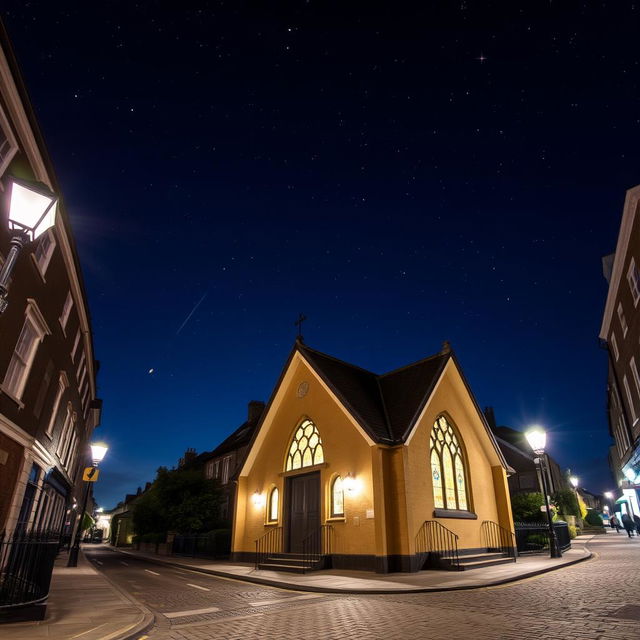 A charming exterior view of a small church at night, located on the quaint streets of London