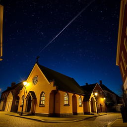 A charming exterior view of a small church at night, located on the quaint streets of London